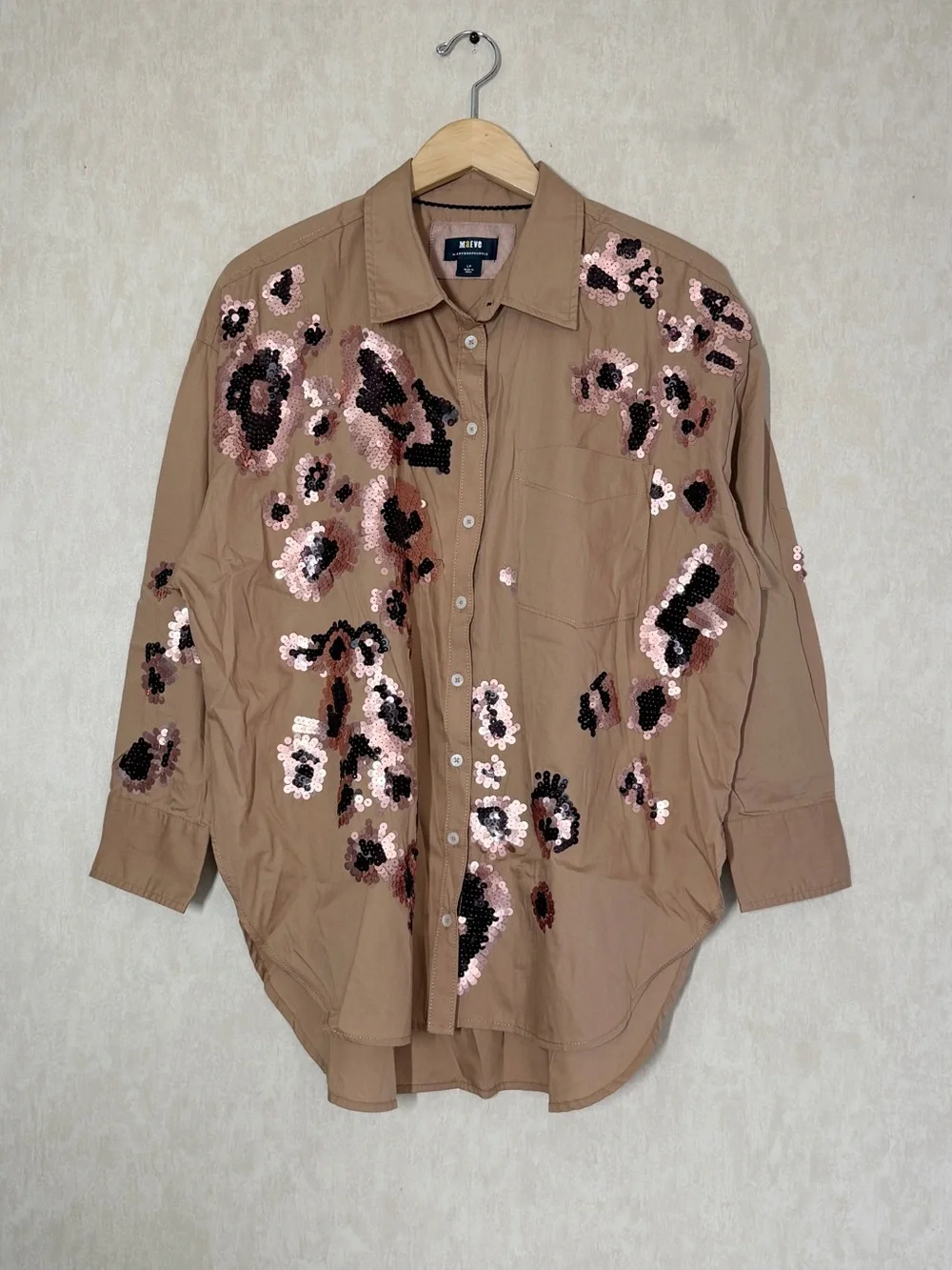 Maeve by Anthropologie The Bennet Buttondown Shirt Oversized Sequin Leopard LP